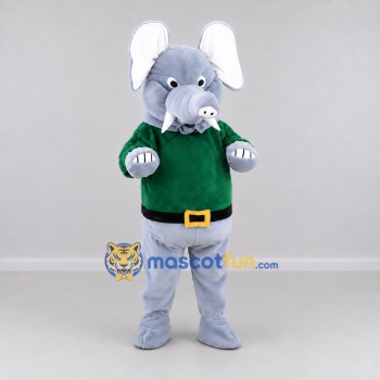 Custom Gray and Green Elephant in a Belted Shirt Mascot Costume Adult Full Body Suit for School Events Custom Gray and Green Elephant in a Belted Shirt Mascot Costume Adult Full Body Suit for School Events