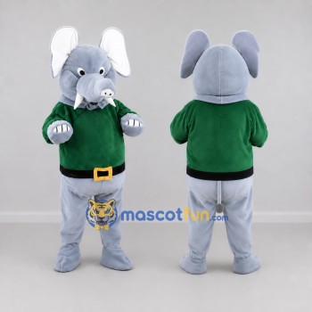 Custom Gray and Green Elephant in a Belted Shirt Mascot Costume Adult Full Body Suit for School Events
