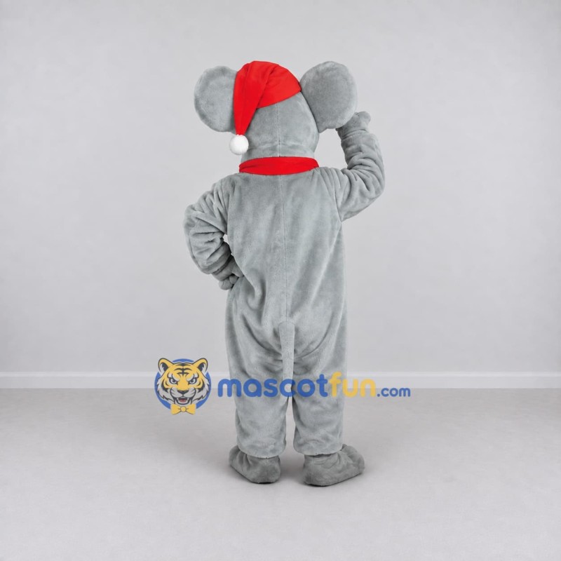 Custom Gray and Red Mouse in a Santa Hat and Scarf Mascot Costume Adult Full Body Suit for Christmas Events Custom Gray and Red Mouse in a Santa Hat and Scarf Mascot Costume Adult Full Body Suit for Christmas Events