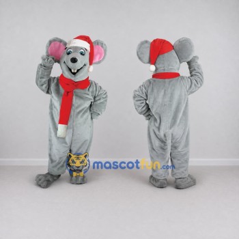 Custom Gray and Red Mouse in a Santa Hat and Scarf Mascot Costume Adult Full Body Suit for Christmas Events