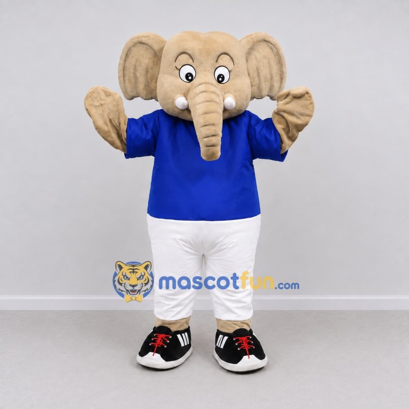 Custom Tan and Blue Elephant in Sportswear Mascot Costume Adult Full Body Suit for Sports Events