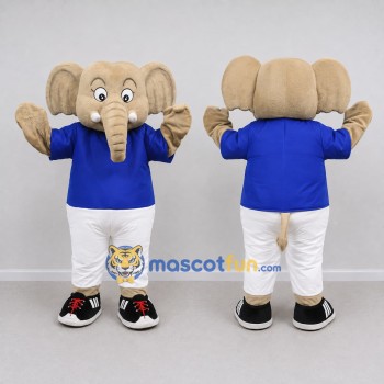 Custom Tan and Blue Elephant in Sportswear Mascot Costume Adult Full Body Suit for Sports Events