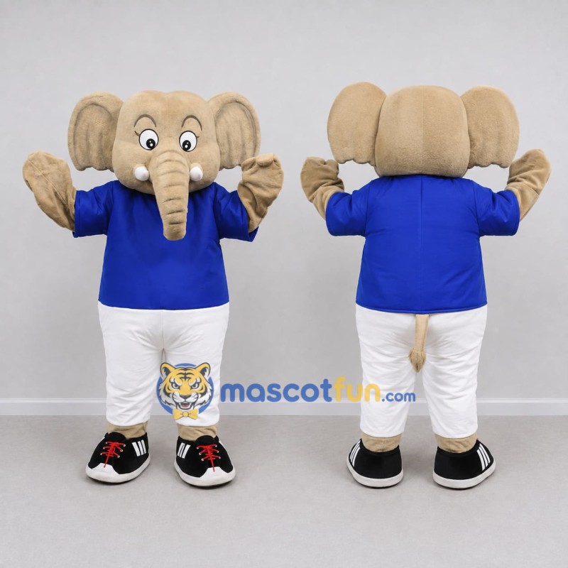 Custom Tan and Blue Elephant in Sportswear Mascot Costume Adult Full Body Suit for Sports Events