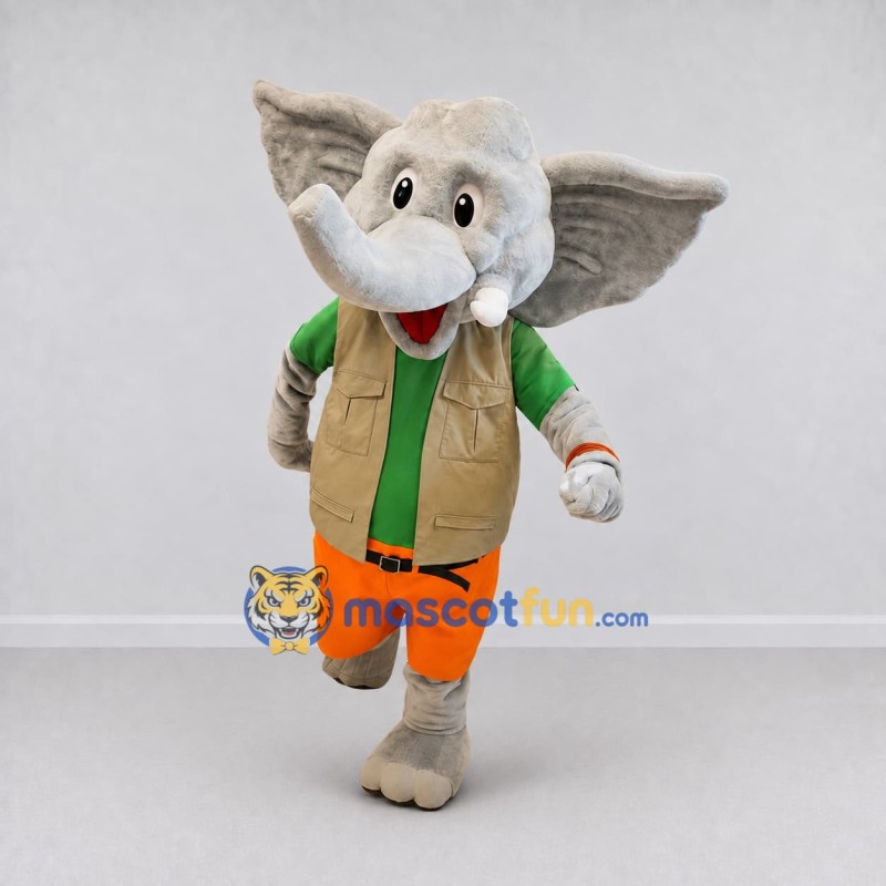 Custom Gray and Orange Elephant in a Vest and Shorts Mascot Costume Adult Full Body Suit for Outdoor Events Custom Gray and Orange Elephant in a Vest and Shorts Mascot Costume Adult Full Body Suit for Outdoor Events