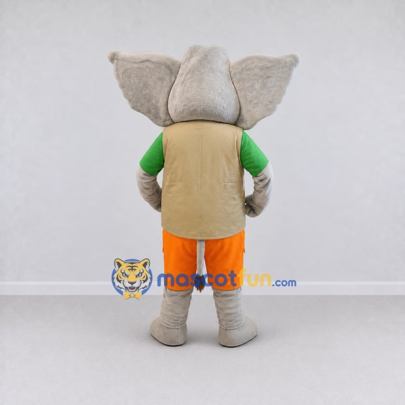 Custom Gray and Orange Elephant in a Vest and Shorts Mascot Costume Adult Full Body Suit for Outdoor Events Custom Gray and Orange Elephant in a Vest and Shorts Mascot Costume Adult Full Body Suit for Outdoor Events