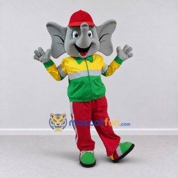 Custom Gray and Multicolor Elephant in a Tracksuit and Cap Mascot Costume Adult Full Body Suit for Sports Events Custom Gray and Multicolor Elephant in a Tracksuit and Cap Mascot Costume Adult Full Body Suit for Sports Events