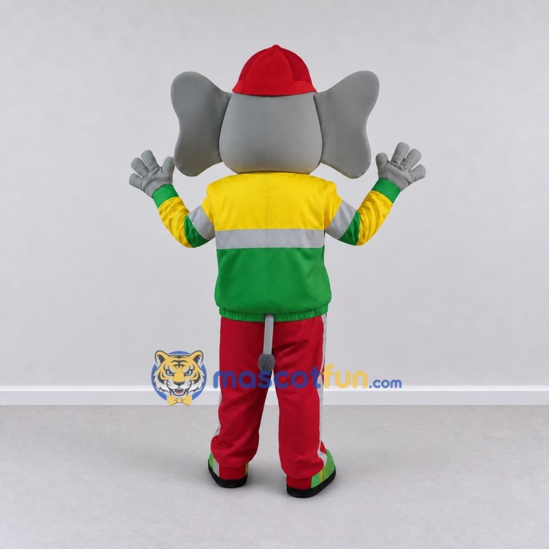 Custom Gray and Multicolor Elephant in a Tracksuit and Cap Mascot Costume Adult Full Body Suit for Sports Events Custom Gray and Multicolor Elephant in a Tracksuit and Cap Mascot Costume Adult Full Body Suit for Sports Events