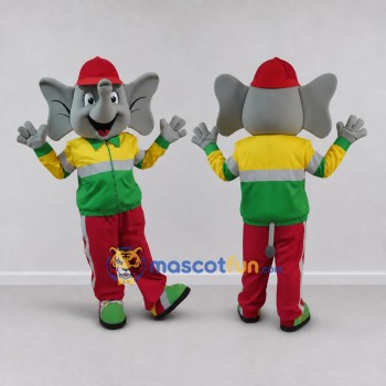Custom Gray and Multicolor Elephant in a Tracksuit and Cap Mascot Costume Adult Full Body Suit for Sports Events