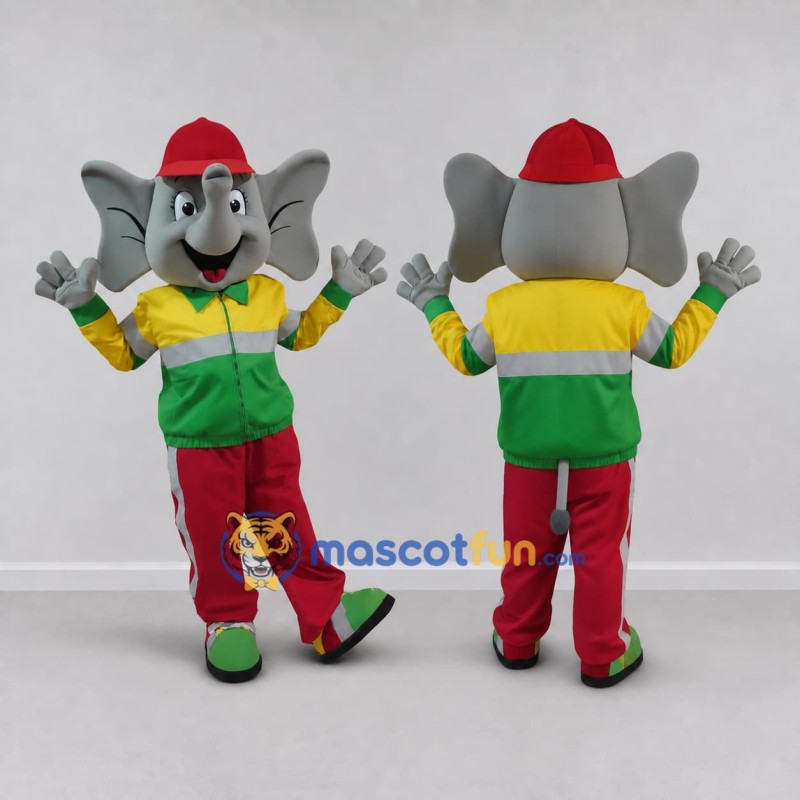 Custom Gray and Multicolor Elephant in a Tracksuit and Cap Mascot Costume Adult Full Body Suit for Sports Events Custom Gray and Multicolor Elephant in a Tracksuit and Cap Mascot Costume Adult Full Body Suit for Sports Events