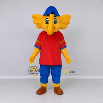 Custom Yellow and Red Elephant in a Shirt and Cap Mascot Costume Adult Full Body Suit for School Events Custom Yellow and Red Elephant in a Shirt and Cap Mascot Costume Adult Full Body Suit for School Events