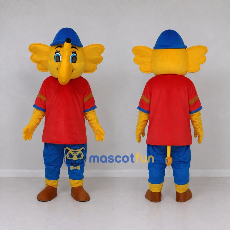 Custom Yellow and Red Elephant in a Shirt and Cap Mascot Costume Adult Full Body Suit for School Events Custom Yellow and Red Elephant in a Shirt and Cap Mascot Costume Adult Full Body Suit for School Events