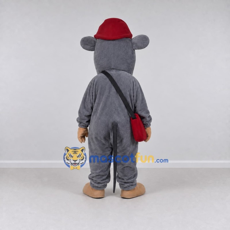 Custom Gray and Red Rat in a Cap with a Shoulder Bag Mascot Costume Adult Full Body Suit for School Events