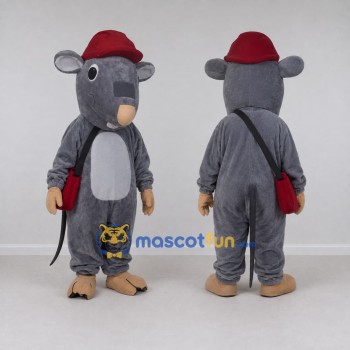 Custom Gray and Red Rat in a Cap with a Shoulder Bag Mascot Costume Adult Full Body Suit for School Events