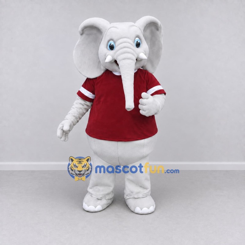 Custom White and Burgundy Elephant in a Sports Shirt Mascot Costume Adult Full Body Suit for Sports Events Custom White and Burgundy Elephant in a Sports Shirt Mascot Costume Adult Full Body Suit for Sports Events