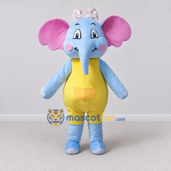Custom Light Blue and Yellow Elephant in Overalls with a Bow Mascot Costume Adult Full Body Suit for School Events Custom Light Blue and Yellow Elephant in Overalls with a Bow Mascot Costume Adult Full Body Suit for School Events