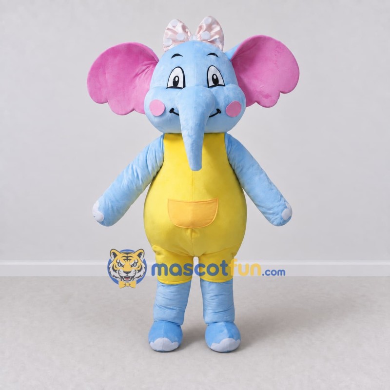 Custom Light Blue and Yellow Elephant in Overalls with a Bow Mascot Costume Adult Full Body Suit for School Events Custom Light Blue and Yellow Elephant in Overalls with a Bow Mascot Costume Adult Full Body Suit for School Events