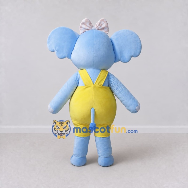 Custom Light Blue and Yellow Elephant in Overalls with a Bow Mascot Costume Adult Full Body Suit for School Events Custom Light Blue and Yellow Elephant in Overalls with a Bow Mascot Costume Adult Full Body Suit for School Events