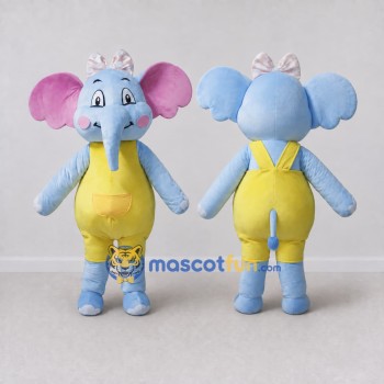 Custom Light Blue and Yellow Elephant in Overalls with a Bow Mascot Costume Adult Full Body Suit for School Events