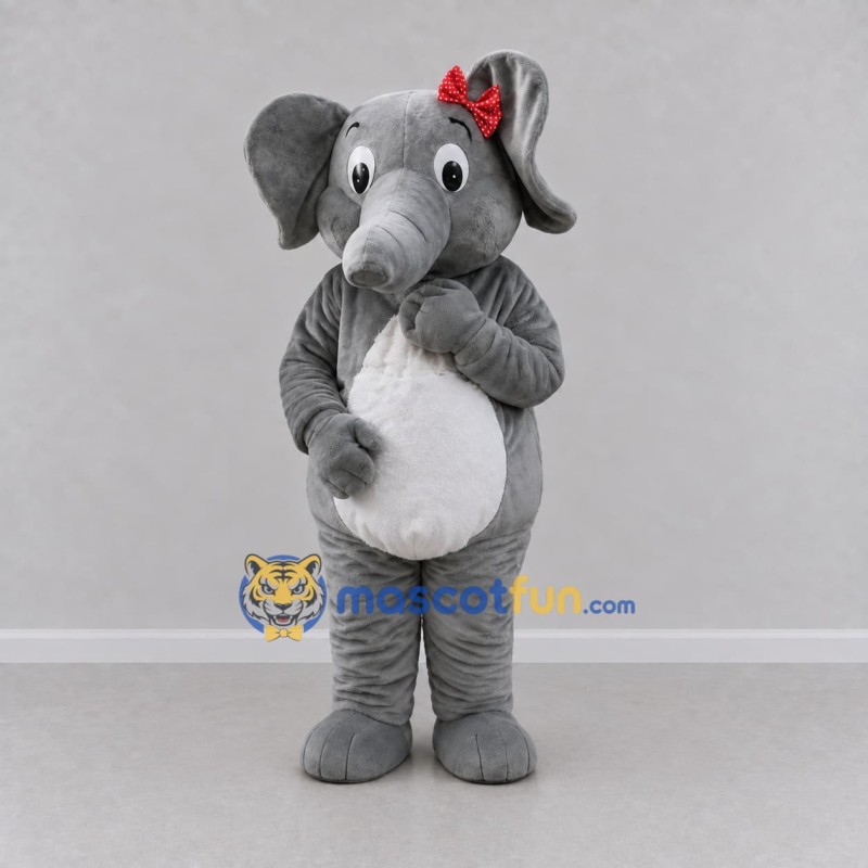 Custom Gray and White Elephant with a Red Bow Mascot Costume Adult Full Body Suit for School Events Custom Gray and White Elephant with a Red Bow Mascot Costume Adult Full Body Suit for School Events
