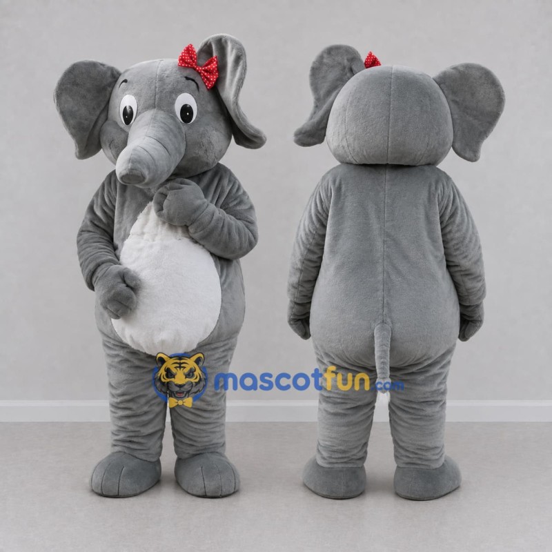 Custom Gray and White Elephant with a Red Bow Mascot Costume Adult Full Body Suit for School Events Custom Gray and White Elephant with a Red Bow Mascot Costume Adult Full Body Suit for School Events