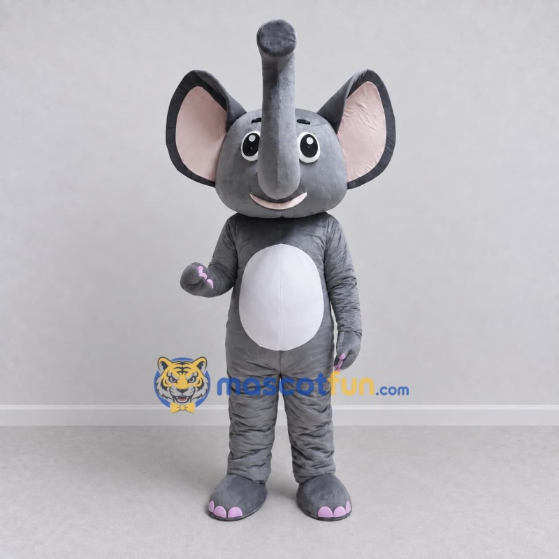 Custom Gray and White Elephant with a Raised Trunk Mascot Costume Adult Full Body Suit for Wildlife Events