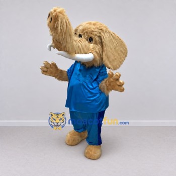 Custom Tan and Blue Mammoth in Sportswear Mascot Costume Adult Full Body Suit for Sports Events Custom Tan and Blue Mammoth in Sportswear Mascot Costume Adult Full Body Suit for Sports Events