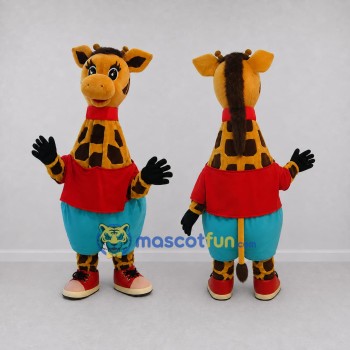 Custom Yellow and Multicolor Giraffe in a Shirt and Shorts Mascot Costume Adult Full Body Suit for School Events