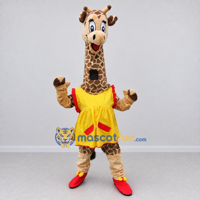 Custom Brown and Yellow Giraffe in a Dress Mascot Costume Adult Full Body Suit for School Events Custom Brown and Yellow Giraffe in a Dress Mascot Costume Adult Full Body Suit for School Events