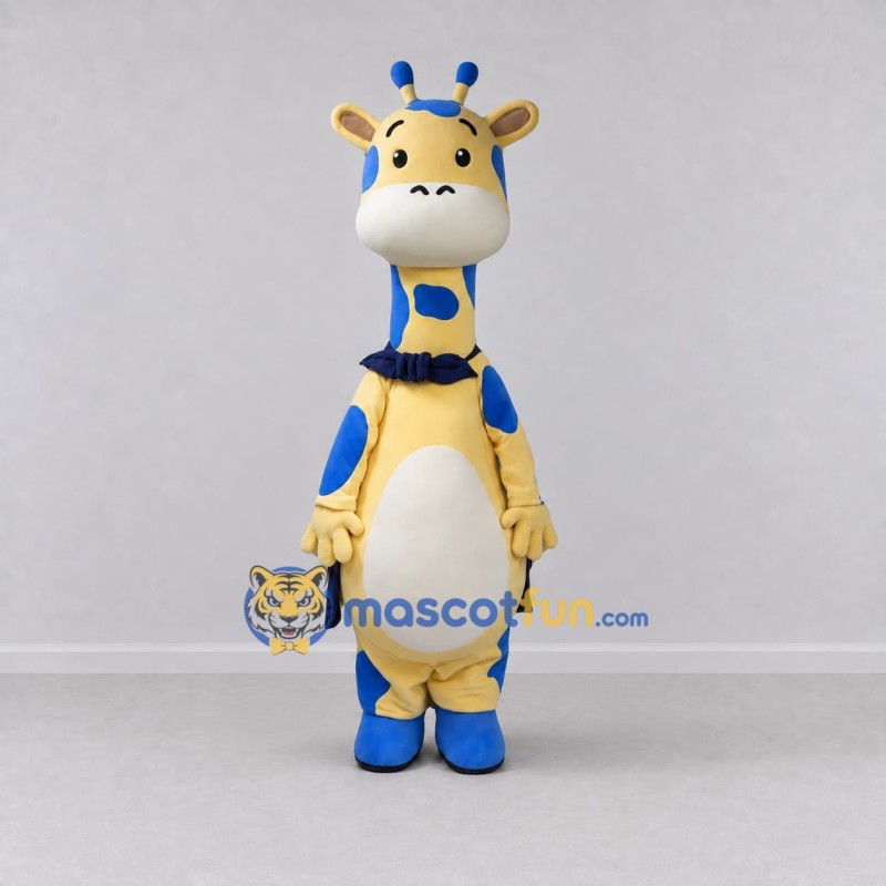 Custom Yellow and Blue Giraffe with a Bow Tie Mascot Costume Adult Full Body Suit for School Events Custom Yellow and Blue Giraffe with a Bow Tie Mascot Costume Adult Full Body Suit for School Events
