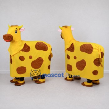 Custom Yellow and Brown Four-Legged Cow Mascot Costume Adult Full Body Suit for Farm Events