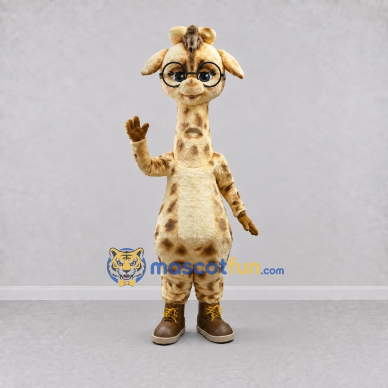 Custom Tan and Brown Giraffe in Glasses Mascot Costume Adult Full Body Suit for School Events