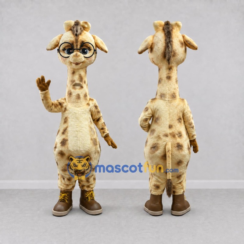 Custom Tan and Brown Giraffe in Glasses Mascot Costume Adult Full Body Suit for School Events