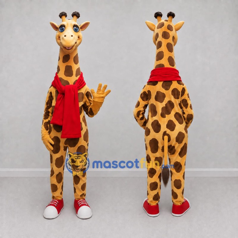 Custom Tan and Red Giraffe with a Scarf Mascot Costume Adult Full Body Suit for School Events