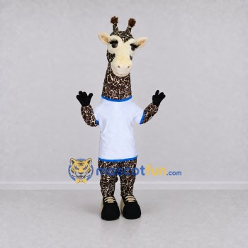 Custom Brown and White Giraffe in a T-Shirt Mascot Costume Adult Full Body Suit for School Events Custom Brown and White Giraffe in a T-Shirt Mascot Costume Adult Full Body Suit for School Events