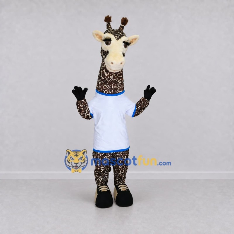 Custom Brown and White Giraffe in a T-Shirt Mascot Costume Adult Full Body Suit for School Events Custom Brown and White Giraffe in a T-Shirt Mascot Costume Adult Full Body Suit for School Events