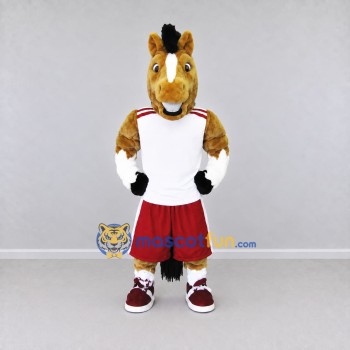 Custom Brown and Red Horse in Sportswear Mascot Costume Adult Full Body Suit for Sports Events Custom Brown and Red Horse in Sportswear Mascot Costume Adult Full Body Suit for Sports Events