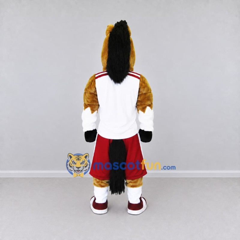 Custom Brown and Red Horse in Sportswear Mascot Costume Adult Full Body Suit for Sports Events Custom Brown and Red Horse in Sportswear Mascot Costume Adult Full Body Suit for Sports Events