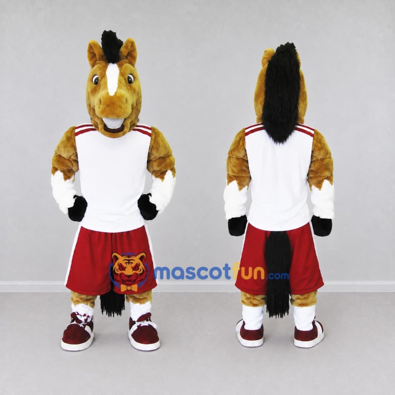 Custom Brown and Red Horse in Sportswear Mascot Costume Adult Full Body Suit for Sports Events Custom Brown and Red Horse in Sportswear Mascot Costume Adult Full Body Suit for Sports Events