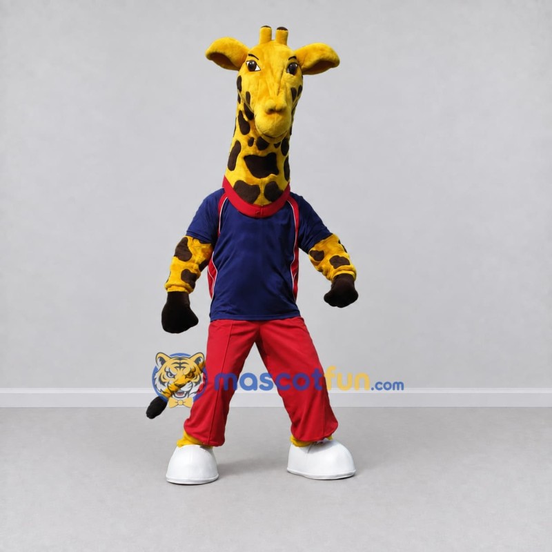 Custom Yellow and Navy Blue Giraffe in Sportswear Mascot Costume Adult Full Body Suit for Sports Events Custom Yellow and Navy Blue Giraffe in Sportswear Mascot Costume Adult Full Body Suit for Sports Events