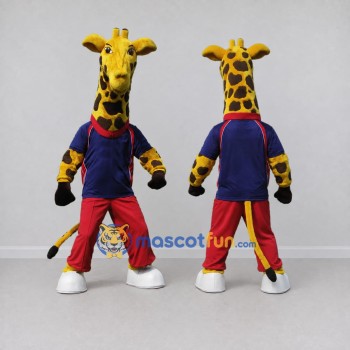 Custom Yellow and Navy Blue Giraffe in Sportswear Mascot Costume Adult Full Body Suit for Sports Events