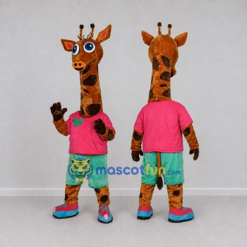Custom Orange and Pink Giraffe in a T-Shirt and Shorts Mascot Costume Adult Full Body Suit for School Events