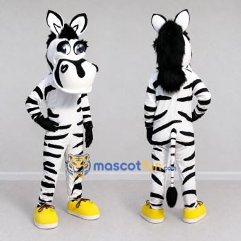 Custom Black and White Zebra in Yellow Sneakers Mascot Costume Adult Full Body Suit for Sports Events