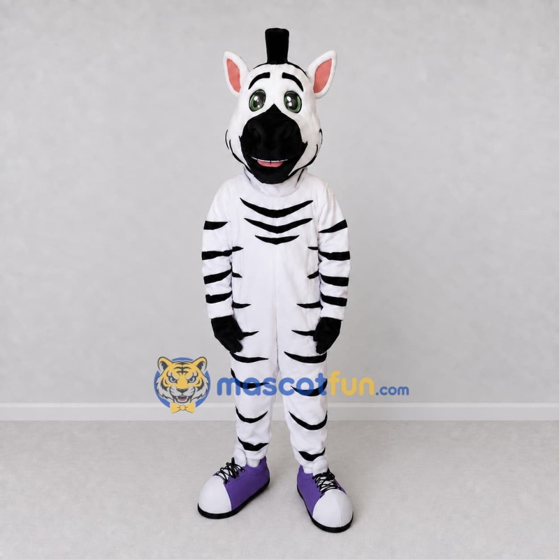 Custom Black and White Zebra in Purple Sneakers Mascot Costume Adult Full Body Suit for Sports Events Custom Black and White Zebra in Purple Sneakers Mascot Costume Adult Full Body Suit for Sports Events
