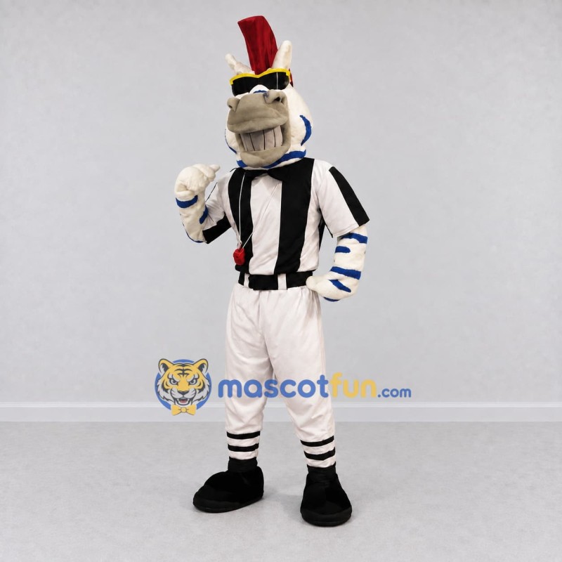 Custom White and Blue Zebra Referee with a Red Mane Mascot Costume Adult Full Body Suit for Sports Events Custom White and Blue Zebra Referee with a Red Mane Mascot Costume Adult Full Body Suit for Sports Events