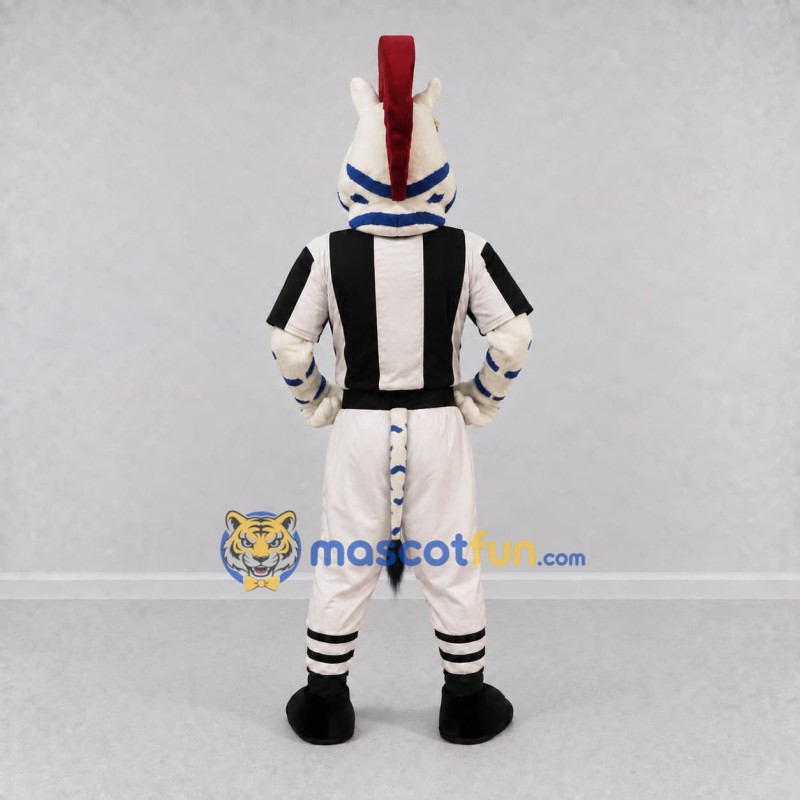 Custom White and Blue Zebra Referee with a Red Mane Mascot Costume Adult Full Body Suit for Sports Events Custom White and Blue Zebra Referee with a Red Mane Mascot Costume Adult Full Body Suit for Sports Events
