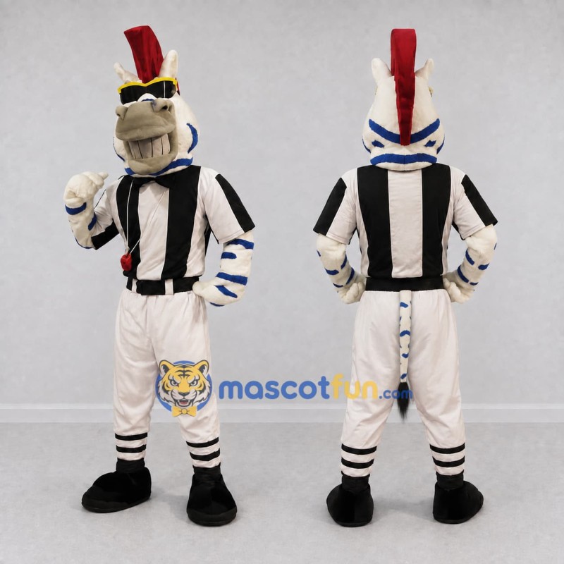 Custom White and Blue Zebra Referee with a Red Mane Mascot Costume Adult Full Body Suit for Sports Events Custom White and Blue Zebra Referee with a Red Mane Mascot Costume Adult Full Body Suit for Sports Events