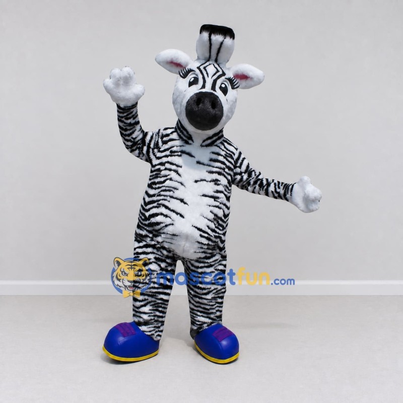 Custom Black and White Zebra in Blue Shoes Mascot Costume Adult Full Body Suit for School Events Custom Black and White Zebra in Blue Shoes Mascot Costume Adult Full Body Suit for School Events