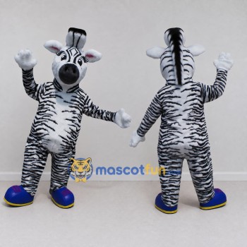 Custom Black and White Zebra in Blue Shoes Mascot Costume Adult Full Body Suit for School Events