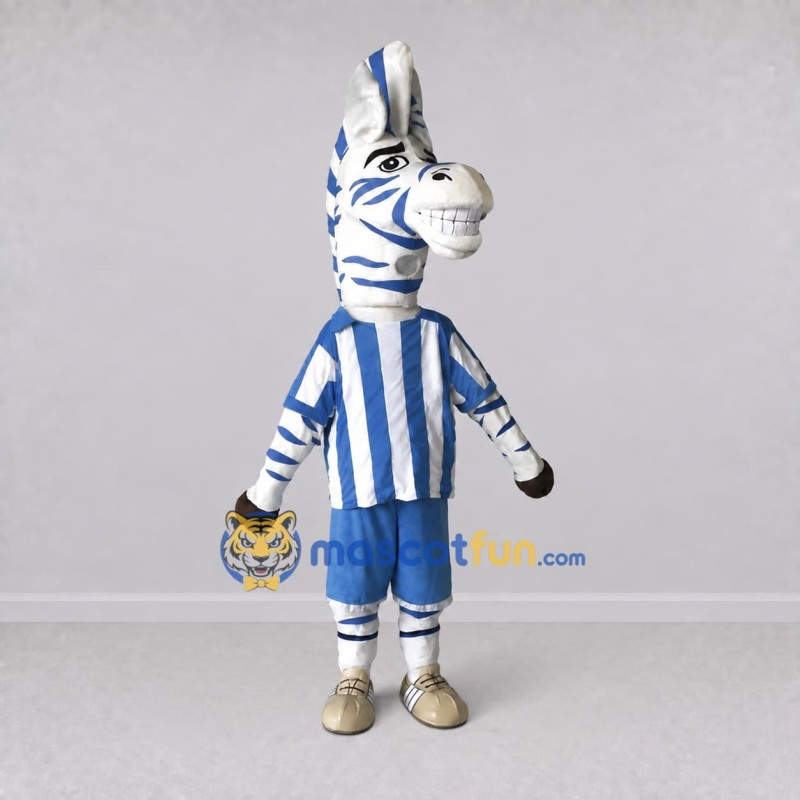 Custom Blue and White Zebra in Sportswear Mascot Costume Adult Full Body Suit for Sports Events Custom Blue and White Zebra in Sportswear Mascot Costume Adult Full Body Suit for Sports Events