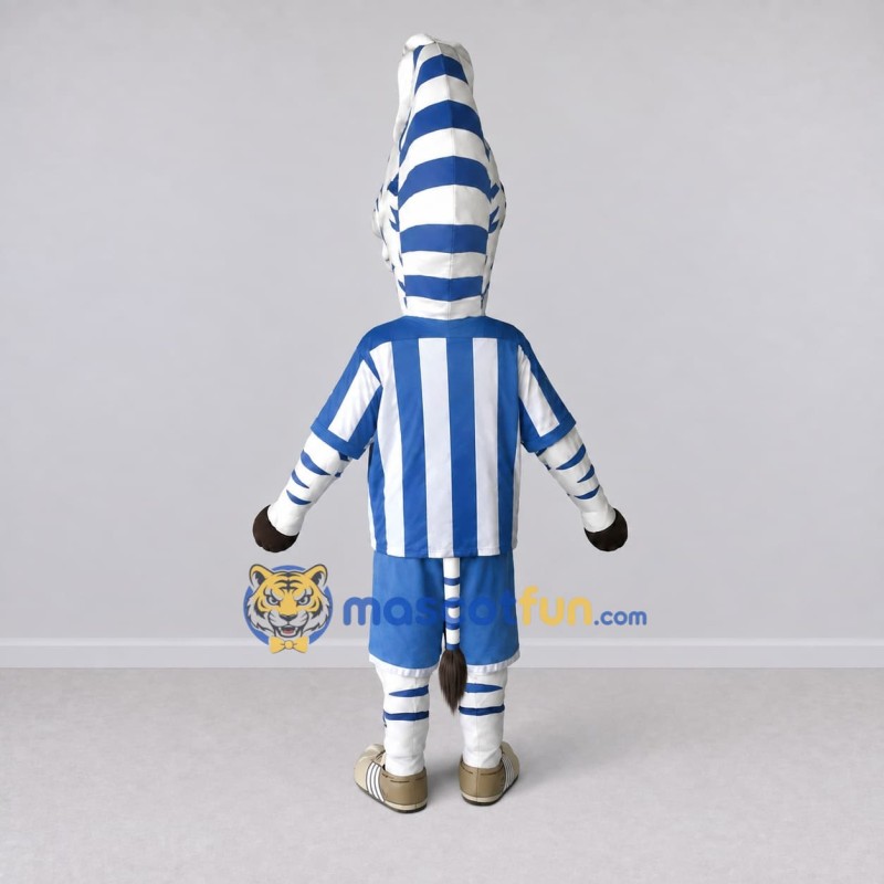 Custom Blue and White Zebra in Sportswear Mascot Costume Adult Full Body Suit for Sports Events Custom Blue and White Zebra in Sportswear Mascot Costume Adult Full Body Suit for Sports Events